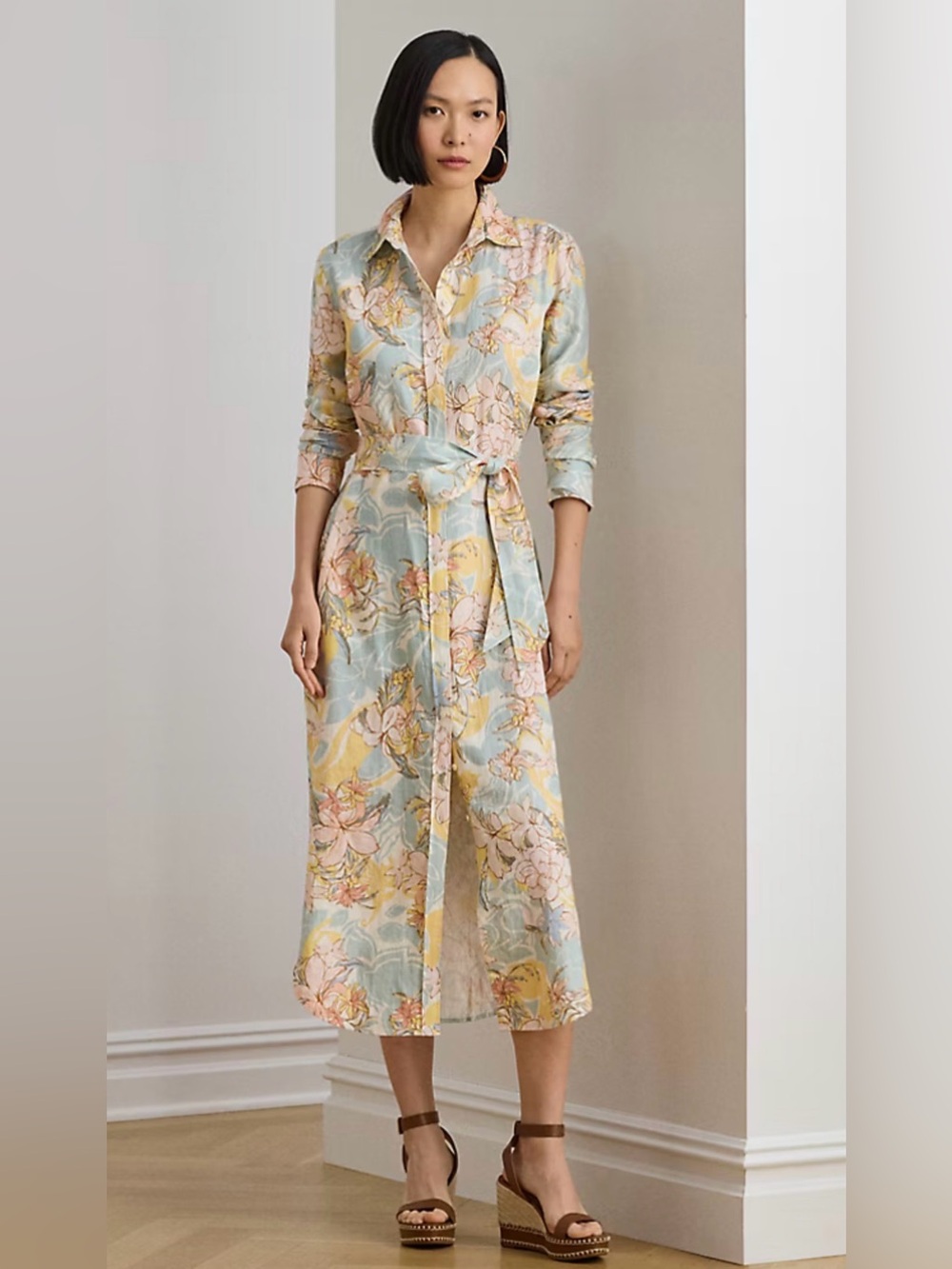 Ralph Lauren Floral Linen Shirtdress, Sz 12P, Color: Cream/Blue Multi